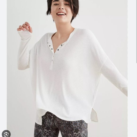 Aerie Ribbed Henley Long Sleeve T-Shirt - White - Picture 1 of 12